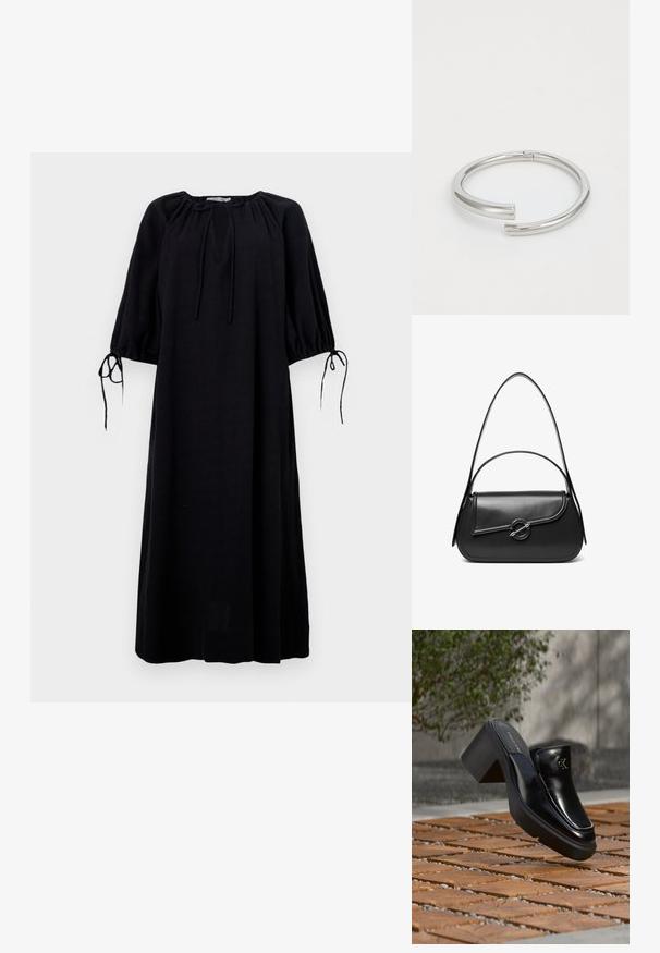 Robe noire, décontractée avec un décolleté arrondi, des manches froncées et des détails à nouer aux poignets. Fabriquée en tissu léger. Couleur unie.; Mule slip-on en cuir noir Calvin Klein avec talon bloc reposant sur des carreaux en bois à l'extérieur près d'une plante verte et d'un mur gris.; Sac à bandoulière en cuir noir avec un rabat incurvé fermé par un fermoir métallique rond et une sangle fine et ajustable.; Calvin Klein SPIRAL - Bracelet - silver-coloured