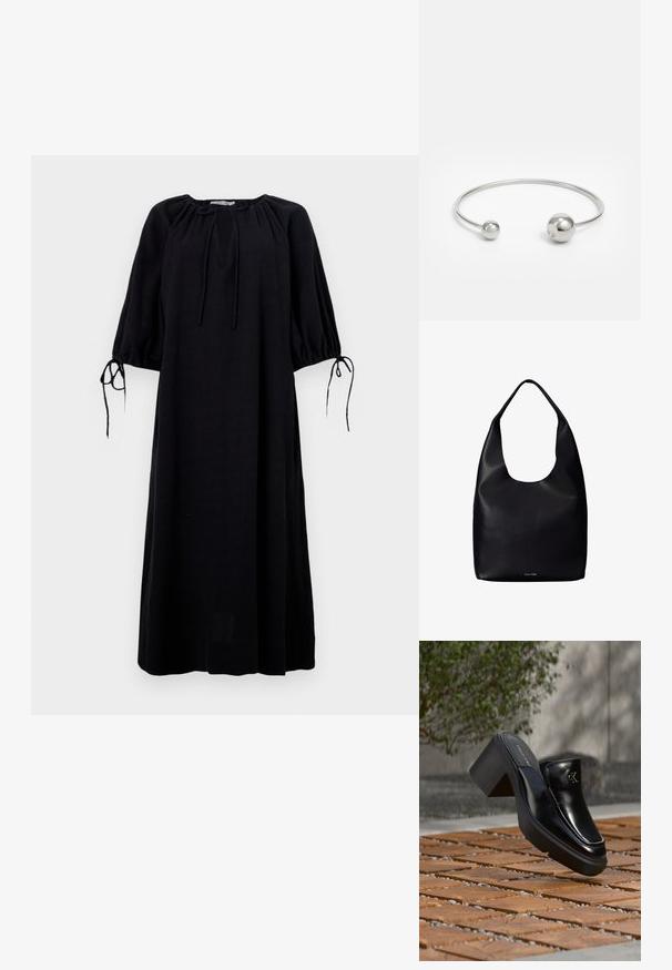 Zwarte, loszittende jurk met een ronde halslijn, geplooide mouwen en strikdetails bij de boorden. Gemaakt van lichtgewicht stof. Effen kleur.; Zwarte leren Calvin Klein slip-on mule met blokhak rustend op houten tegels buiten, vlak bij een groene plant en een grijze muur.; Zwarte leren totebag met een enkele brede schouderriem en een subtiel Calvin Klein-logo onderaan het midden.; Zilveren metalen bangle armband met twee bolvormige accenten aan beide uiteinden, een gladde oppervlakte, open ontwerp en een strak, minimalistisch model.