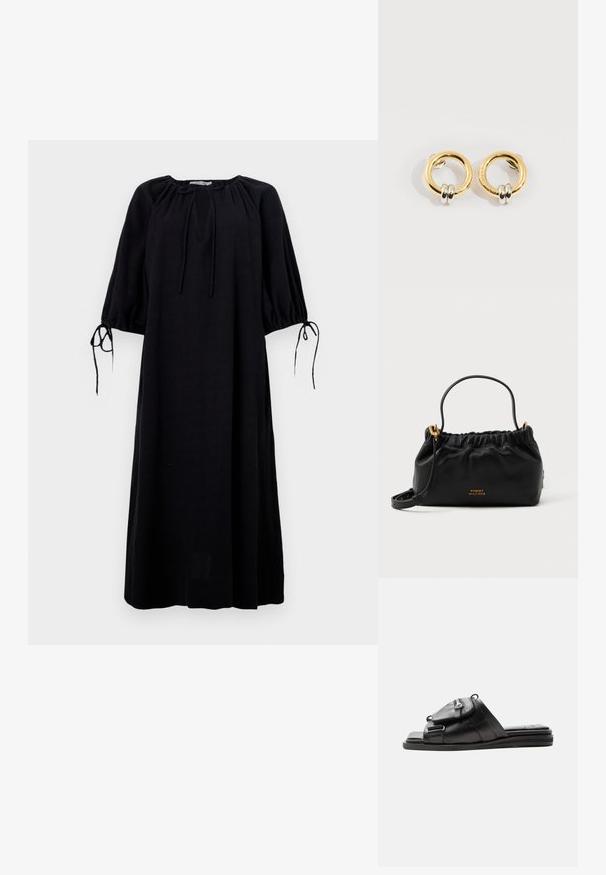 Vestido negro de corte ancho con escote redondeado, mangas fruncidas y detalles de lazo en los puños. Confeccionado en tejido ligero. Color sólido.; Sandalia tipo slide de cuero negro con suela acolchada y detalle de bolsillo con cremallera en la parte delantera de la correa.; Bolso de piel negra con parte superior fruncida, una asa corta y una correa de hombro removible. Presenta un acento de logo dorado y una textura suave.; Pendientes circulares de oro con dos pequeños anillos de plata en cada uno, que muestran detalles sutiles del nombre de la marca grabado, colocados sobre un fondo blanco.