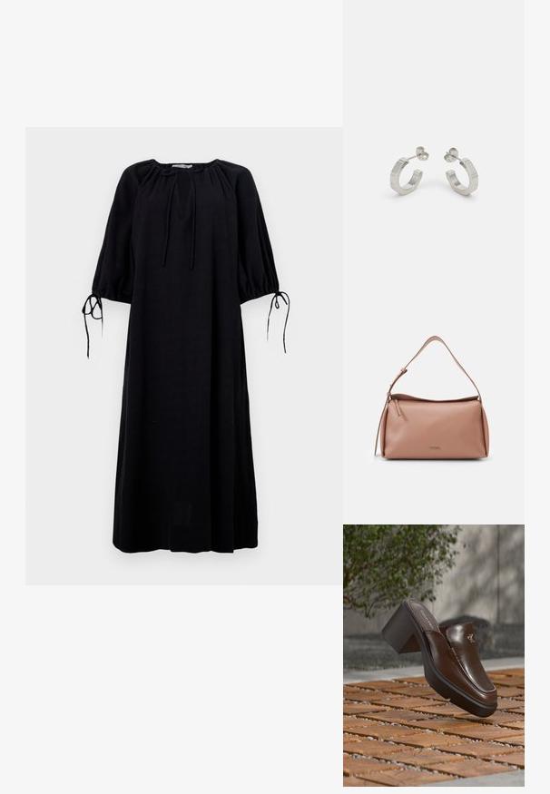 Zwarte, loszittende jurk met een ronde halslijn, geplooide mouwen en strikdetails bij de boorden. Gemaakt van lichtgewicht stof. Effen kleur.; Bruine leren Calvin Klein mule met hak die boven houten tegelvloer zweeft met een vervaagde groene plant en muur op de achtergrond.; Calvin Klein GRACIE SHOULDER BAG - Handtas - ash rose; Zilveren metalen hoepel oorbellen met een gestructureerd ontwerp, voorzien van een kleine post achter en branding op een van de hoepels. Ronde vorm met een gepolijste afwerking.