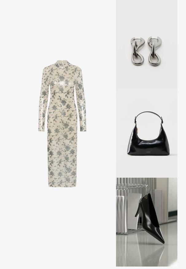 Robe à manches longues en crème avec des sequins floraux métalliques argentés, encolure haute et silhouette droite, arrivant au milieu du mollet. Fermeture éclair au dos.; Chaussure noire à talon haut avec bout pointu et logo doré, posée sur une surface réfléchissante près d'un organiseur de dossiers en fil chromé contenant des documents.; Sac à main Calvin Klein noir brillant avec fermeture éclair dorée et anse courte sur fond blanc uni.; Paire de boucles d'oreilles en métal argenté avec un motif abstrait d'anneaux entrelacés sur fond blanc.