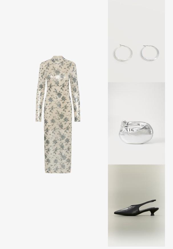 Langærmet kjole i cremefarve med metalliske sølvfarvede blomster-øreringe, høj halsudskæring og lige silhuet, der når midt på læggen. Lynlås lukning bagpå.; Sort læder slingback-sko med spids tå og lav kittenhæl på neutral baggrund.; Sølvmetallic pose med en blød, rund form og en knyttet lukning foroven. Fremstillet af glat faux lædermateriale.; Sølvfarvede metaloorringe med glat, let buet overflade og låsemekanisme på en ensfarvet hvid baggrund.