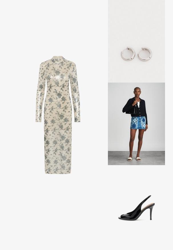 Langärmliges Kleid in Cream mit metallisch silbernen floralen Pailletten, hohem Ausschnitt und geradem Schnitt, der bis zur Mitte der Wade reicht. Reißverschlussverschluss hinten.; Schwarzer Slingback-Pumps aus Lackleder mit spitz zulaufender Zehenpartie und dünnem Stilettoabsatz vor weißem Hintergrund.; Schwarze Strickjacke, weißes Oberteil, Jeansrock mit blauem und schwarzem Diamantenmuster, schwarze Handtasche und beige Rutschsandalen.; Silberfarbene Metall-Hoop-Ohrringe mit runder Form und polierter Oberfläche. Jedes Ohrstecker hat einen klappbaren Verschluss für sicheren Tragekomfort.