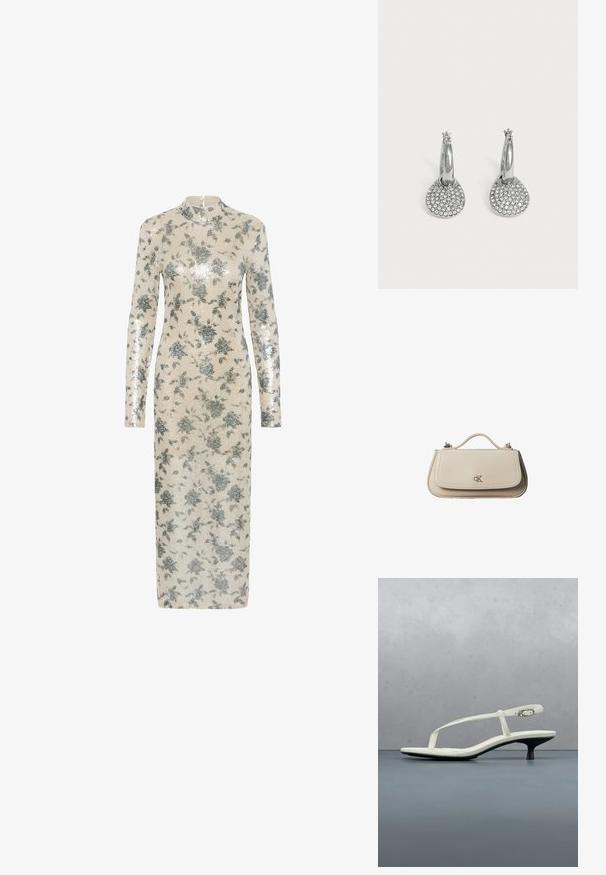 Robe à manches longues en crème avec des sequins floraux métalliques argentés, encolure haute et silhouette droite, arrivant au milieu du mollet. Fermeture éclair au dos.; Sandale blanche à talon kitten avec des lanières et un bout pointu, flottant au-dessus d'un sol en carrelage en bois en plein air avec un arrière-plan flou de plante et de mur.; Petit sac à main en cuir beige avec poignée supérieure et logo CK argenté sur le rabat avant, présenté sur fond blanc.; Boucles d'oreilles créoles en argent avec des pendentifs ronds et plats incrustés de petits cristaux clairs sur un fond clair uni.