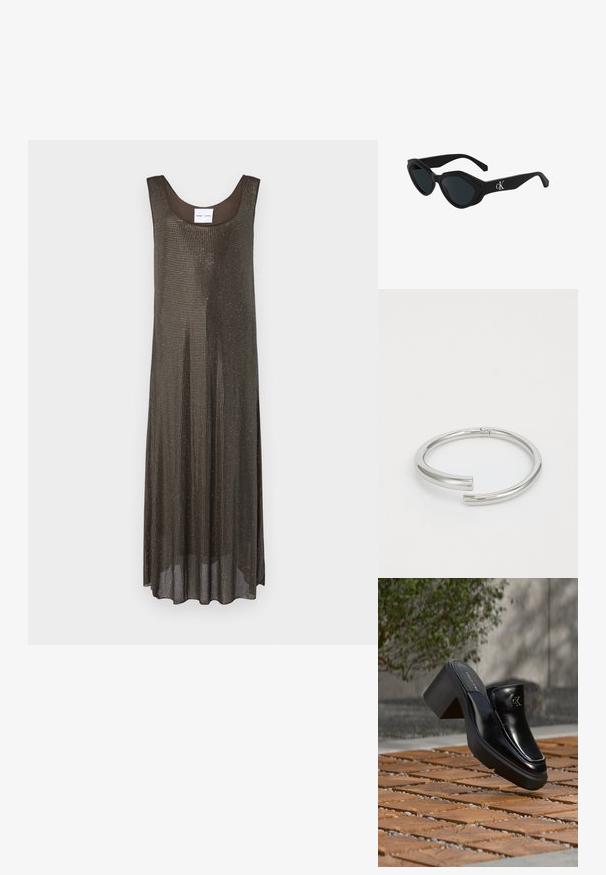 Vestido maxi sin mangas de color marrón oscuro, con un corte holgado y un pequeño patrón de puntos metálicos en todo el tejido, exhibido sobre un fondo blanco.; Mule tipo slip-on de cuero negro de Calvin Klein con tacón de bloque descansando sobre baldosas de madera al aire libre cerca de una planta verde y una pared gris.; Gafas de sol negras con forma de ojo de gato, acabado brillante, lentes oscuros y un logo "cK" en la patilla. Diseño angular y montura gruesa.; Calvin Klein SPIRAL - Pulsera - silver-coloured