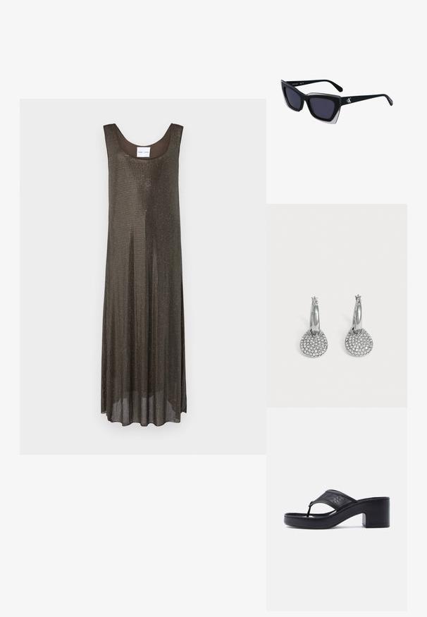Vestido maxi sin mangas de color marrón oscuro, con un corte holgado y un pequeño patrón de puntos metálicos en todo el tejido, exhibido sobre un fondo blanco.; Sandalia negra con tacón de aguja grueso y tira ancha de malla sobre el pie, sobre un fondo claro y uniforme.; Gafas de sol negras de gran tamaño con una forma geométrica, que presentan lentes oscuros y un detalle gris contrastante en la montura. Logo en la pata.; Pendientes de aro plateados con colgantes redondos y planos incrustados con pequeños cristales transparentes sobre un fondo claro y liso.