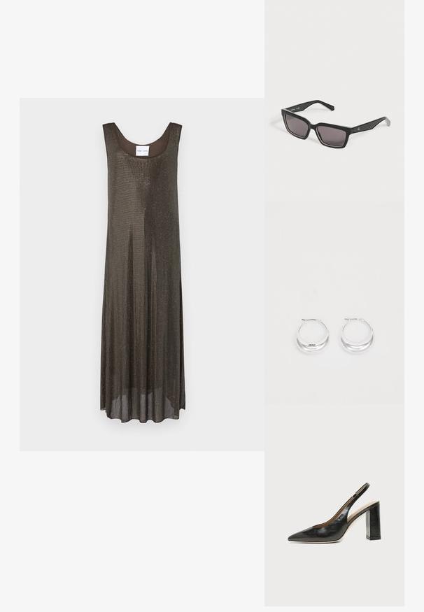 Ärmelloses dunkelbraunes Maxikleid mit lockerer Passform und kleinem metallischen Punktemuster auf weißem Hintergrund.; Schwarzer Leder-Slingback-Schuh mit spitzer Kappe, hohem Blockabsatz und beigegefüttertem Innenraum vor hellem, einfarbigem Hintergrund.; Schwarze rechteckige Sonnenbrille mit dunklen Gläsern und einem dezenten Logo am Bügel, auf hellem, einfarbigem Hintergrund dargestellt.; Silberne Creolen mit glänzender Oberfläche und DKNY-Logo, vor einem schlichten weißen Hintergrund präsentiert.