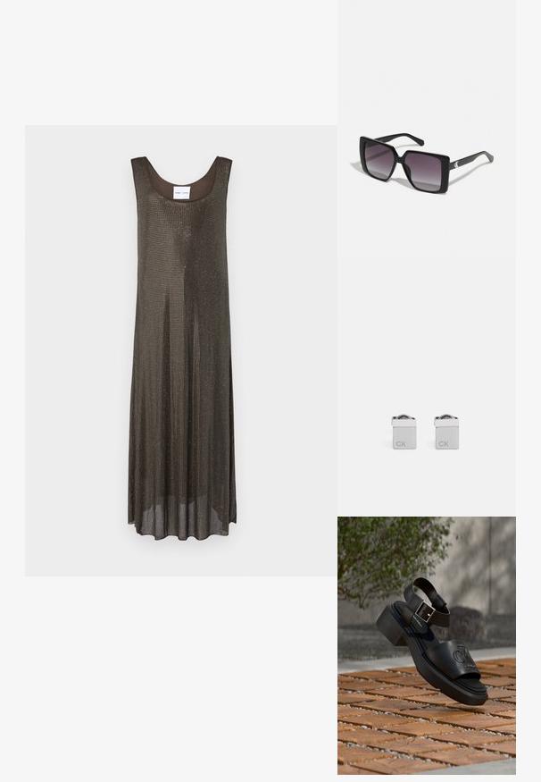 Robe maxi sans manches de couleur marron foncé avec une coupe décontractée et un petit motif de points métalliques sur l'ensemble, présentée sur un fond blanc.; Sandale noire en cuir Calvin Klein avec bride à la cheville et boucle, flottant au-dessus d'un sol en bois et carreaux de pierre en extérieur.; Lunettes de soleil noires carrées avec des verres gris dégradés. Montures brillantes avec des lignes épurées. Accent logo argenté sur les branches.; Boutons de manchette carrés en argent avec une finition polie, présentant les lettres gravées "CK" d'un côté et un détail arrondi sur le dessus.