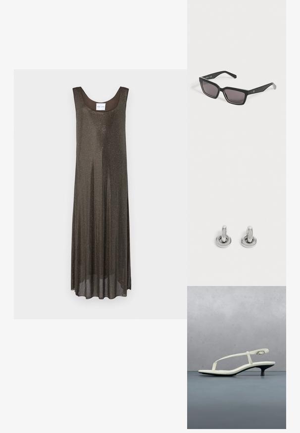 Ärmelloses dunkelbraunes Maxikleid mit lockerer Passform und kleinem metallischen Punktemuster auf weißem Hintergrund.; Weiße Riemchenpantolette mit kitten heel und spitz zulaufender Zehenpartie, schwebt über einem Holzkachelboden im Freien mit verschwommenem Pflanzen- und Wandhintergrund.; Schwarze rechteckige Sonnenbrille mit dunklen Gläsern und einem dezenten Logo am Bügel, auf hellem, einfarbigem Hintergrund dargestellt.; Paar kleine, glänzende silberne Creolen mit rundem Sockel, auf einfachem hellem Hintergrund präsentiert.