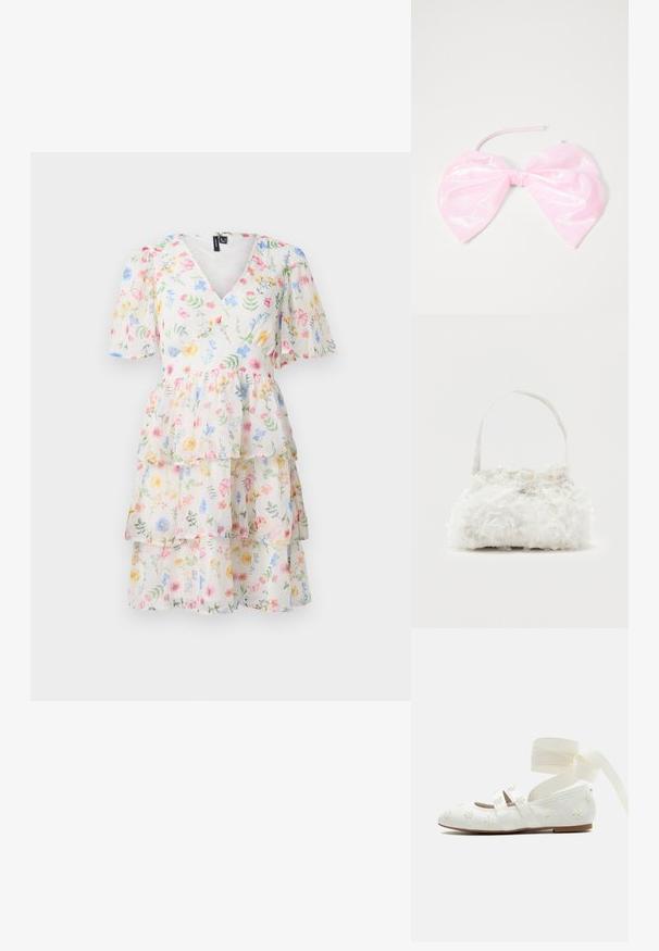 Flerlags blomsterkjole med v-hals, korte puffærmer og et let, gennemsigtigt stof med flerfarvede blomstermønstre over det hele.; Hvid balletfladskor med broderede blomster, dobbelte remme hen over foden og lange bånd til at binde om anklen på en ensfarvet baggrund.; Lille hvid håndtaske med stofroser, der dækker kroppen, og et tyndt enkelt skulderremshåndtag på en ensfarvet baggrund.; Lyserød, blank hårtilbehør formet som en stor sløjfe, med en glat overflade og et tyndt bånd til at sikre den på plads.