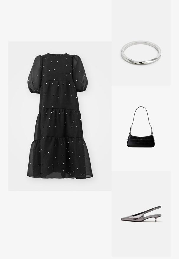 Cras LYLA DRESS - Cocktail φόρεμα / Φόρεμα για πάρτι - black; Μεταλλικό γκρι γόβα με μυτερή μύτη, χαμηλό τακούνι kitten και ρυθμιζόμενο λουράκι σε λευκό φόντο.; Μαύρη τσάντα ώμου με υφή κροκόδειλου, ασημένιο λογότυπο "cK" στο μπροστινό μέρος και ρυθμιζόμενο λουρί.; Ασημένιο μεταλλικό βραχιόλι με λεία, γυαλιστερή επιφάνεια και επίπεδες ακμές. Διαθέτει ανοιχτό κυκλικό σχέδιο με διακριτική λεπτομέρεια κλειδώματος.