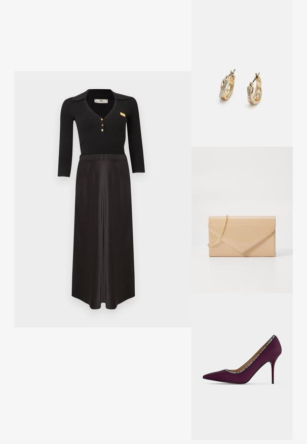 Haut noir à manches longues en maille côtelée avec col et boutons dorés, associé à une jupe maxi noire en satin taille haute sur fond blanc.; Escarpin violet à talon haut avec bout pointu et bordure noire comportant un texte blanc "LOVE MOSCHINO" autour de l'ouverture.; Pochette en cuir verni beige avec une bandoulière en chaîne dorée, dotée d'un design en forme d'enveloppe et d'une fermeture à rabat pointu. Texture lisse sur toute sa surface.; Lauren Ralph Lauren TWISTED ROPE PAVE HOOP - Boucles d'oreilles - gold-coloured