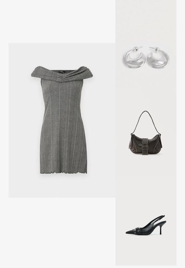 Grijze off-the-shoulder jurk met verticale ribbeltextuur, voorzien van een brede, gevouwen halslijn en een gegolfde zoom.; Zwarte leren pumps met hoge hak en slingback, met een puntige neus en een gesp- en oogjesriem detail aan de voorkant.; Zwarte leren schoudertas met gespsluiting aan de riem, afgeronde hoeken en contrasterende witte stiksels op een effen achtergrond.; Een paar gepolijste zilveren halve maanvormige creolen met heldere plastic achterkanten op een witte ondergrond.