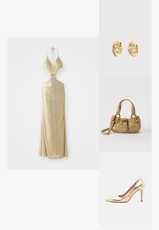 Metallic guld halterneck kjole med en dyb udskæring, samlet tekstur og en blomsterknude detalje i taljen, der flyder ned til en lang nederdel.; Guldmetallic spids tå højhælet sko med en mellemhøj stiletthæl og en dekorativ sløjfe på siden.; Beige læderhåndtaske med dobbelte håndtag, messing spænde og nitte detaljer samt en justerbar skulderrem mod en hvid baggrund.; Par skinnende, ujævnt formede øreringe af guldmetal med en krøllet, glat overflade på en ensartet lys baggrund.