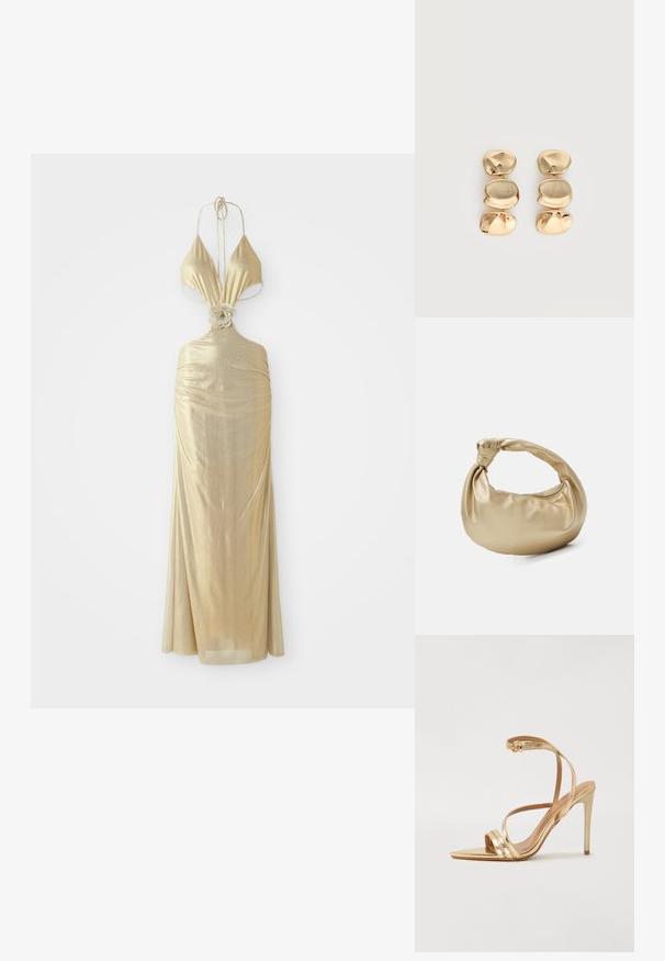 Metallic guld halterneck kjole med en dyb udskæring, samlet tekstur og en blomsterknude detalje i taljen, der flyder ned til en lang nederdel.; Even&Odd Sandaler - gold; Guldmetal taske med en glat, shiny overflade. Har et knyttet håndtag og en rund, blød form. Lynlåslukning langs toppen.; Øreringe i guldfarve med dråbeform og tre uregelmæssige, glatte, afrundede segmenter stablet lodret på en enkelt lys baggrund.