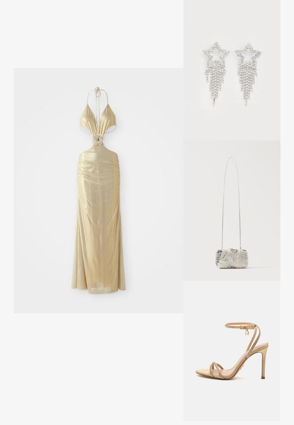 Robe halter dorée métallique avec un décolleté plongeant, une texture froncée et un détail de nœud floral à la taille, se terminant par une longue jupe.; Sandale à talons hauts beige avec fines brides ornées de petits strass et une boucle dorée à la cheville sur un fond uni.; Pochette rectangulaire argentée ornée de perles avec motifs floraux et une longue bandoulière fine en chaîne argentée, présentée sur un fond uni.; Boucles d'oreilles en strass en forme d'étoile avec des détails de franges en cascade, présentant une teinte argentée et une surface brillante et réfléchissante. Forme d'étoile avec un design complexe.