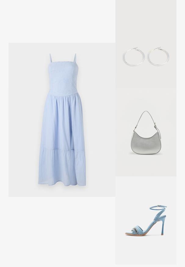 Vestido maxi azul claro con tirantes finos. Cuerpo ajustado con textura floral y falda en capas fluida. Hecho de tela ligera.; Sandalia de tacón alto de mezclilla azul claro con correa en el tobillo, puntera abierta y detalle de cremallera plateada y charm en la correa frontal.; Bolso de mano de imitación cuero plateado con forma curva, correa corta ajustable y textura suave, que presenta un detalle de costura minimalista.; Pareja de pendientes de aro plateados brillantes con cierres de alambre delgado, mostrados sobre un fondo gris claro.
