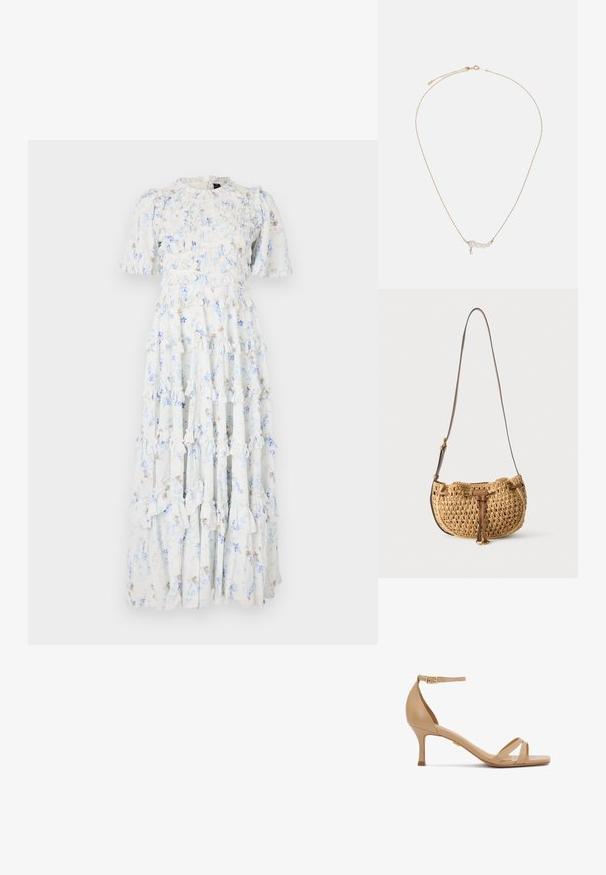Robe maxi en tissu bleu clair avec des motifs floraux, présentant des volants, des manches courtes et un col rond.; Sandale en cuir nude avec une fine bride de cheville, design à bout ouvert et un talon carré de 6,5 cm. Présente des brides croisées à l'avant.; Petit sac d'épaule tressé beige avec bandoulière en cuir marron réglable et détail de lien en cuir à l'avant, suspendu sur fond blanc.; Collier en chaîne dorée avec quatre perles blanches et un petit accent en cristal suspendu, conçu avec une esthétique délicate et minimaliste.