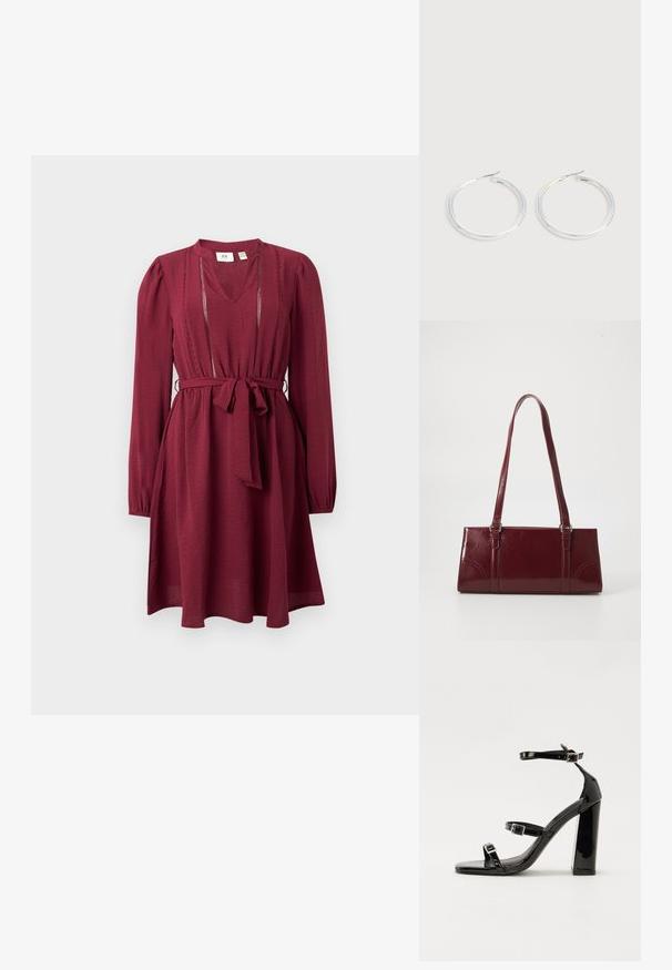 Vestido burdeos con mangas largas, escote en V, cintura ajustada y cinturón de lazo; presenta un delicado bordado a lo largo del escote. Textura de tela suave.; Sandalias negras de charol con tacón alto, dos correas con hebilla, punta cuadrada y tacón grueso, con una textura lisa y brillante.; Bolso burdeos hecho de material brillante, de forma rectangular, con dos asas para el hombro y sutiles acentos curvados en la parte frontal.; Pareja de pendientes de aro plateados brillantes con cierres de alambre delgado, mostrados sobre un fondo gris claro.