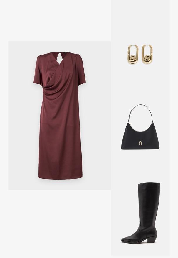 Vestido malva de tela suave con mangas cortas, diseño drapeado, escote en V y un pequeño cierre en forma de ojo de cerradura en la parte posterior.; Bota de cuero negra hasta la mitad de la pantorrilla con puntera puntiaguda y tacón bajo inclinado sobre un fondo claro y liso.; Bolso de mano de cuero negro con forma curvada, un asa corta, herrajes dorados y un cierre de cremallera en la parte superior. Presenta un acento de logo en la parte delantera.; BOSS DOUBLE B SWING - Pendientes - gold-coloured