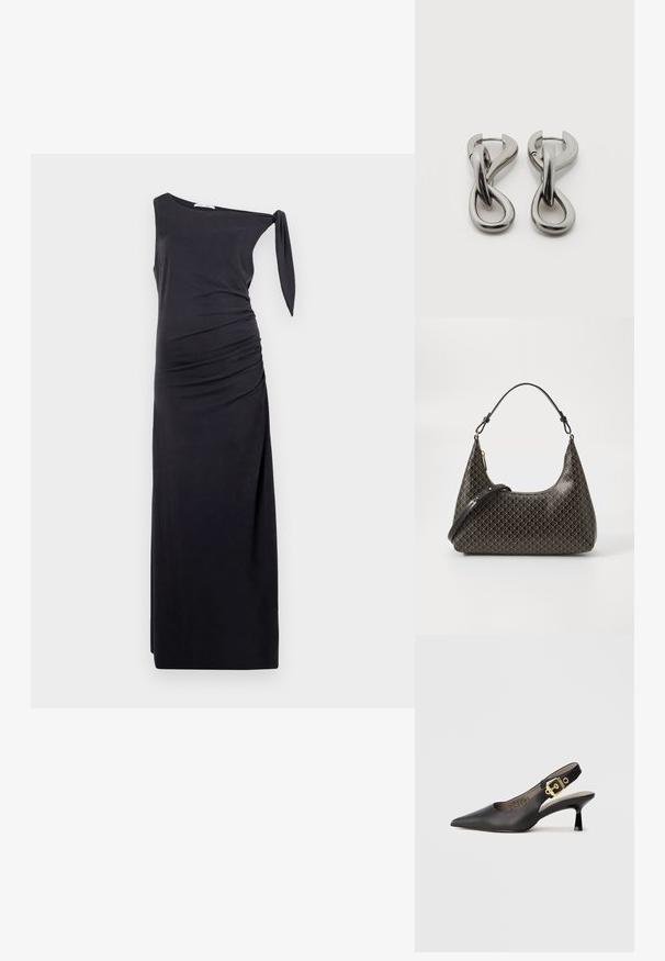 Vestido negro de un solo hombro hecho de una tela suave, con fruncidos laterales y un detalle de lazo en el hombro. Silueta larga y ajustada.; Zapato de tacón alto tipo slingback negro con punta afilada, textura de cuero suave y un acento de hebilla en tono dorado en la correa.; Bolso de hombro de cuero negro con un patrón geométrico beige repetido, cierre dorado y dos correas ajustables sobre un fondo blanco.; Par de pendientes de metal con acabado plateado y diseño abstracto de bucles entrelazados sobre un fondo blanco.