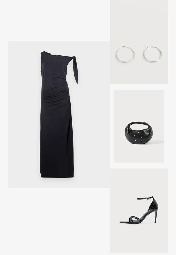 Vestido negro de un solo hombro hecho de una tela suave, con fruncidos laterales y un detalle de lazo en el hombro. Silueta larga y ajustada.; Sandalia de tacón alto de charol negro con una fina correa en el tobillo, punta abierta y diseño minimalista sobre un fondo claro y liso.; Bolso de mano de cuero negro con forma redondeada, decorado con detalles de tachuelas plateadas y un asa corta. Textura lisa y cierre con cremallera.; Pendientes de aro de metal plateado con superficie lisa y ligeramente curvada y cierre de tipo mosquetón sobre un fondo blanco liso.