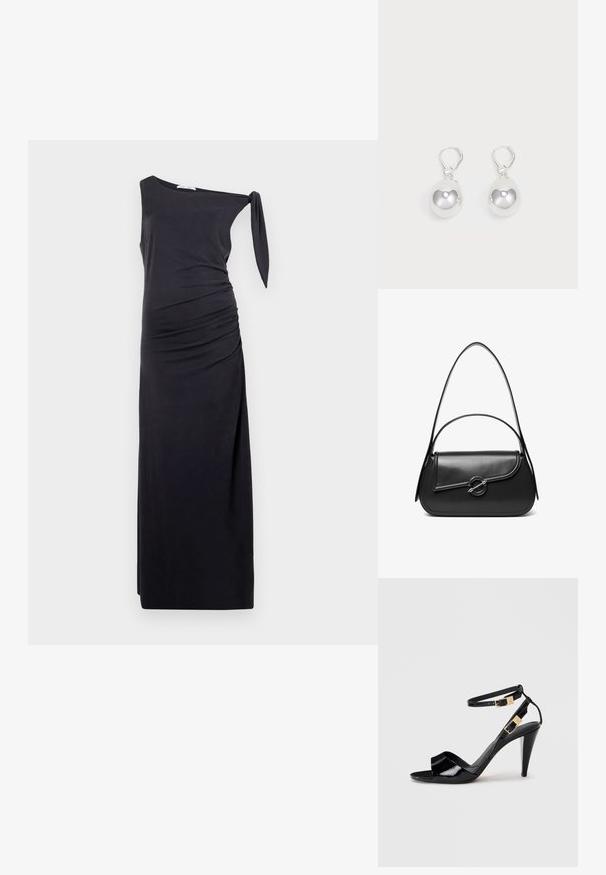Robe noire asymétrique en tissu doux, avec un froncé sur le côté et un détail à nouer à l'épaule. Silhouette longue et ajustée.; Sandale à talon haut en cuir verni noir avec double bride de cheville et boucles dorées, bout ouvert, et talon effilé sur fond neutre.; Sac à bandoulière en cuir noir avec un rabat incurvé fermé par un fermoir métallique rond et une sangle fine et ajustable.; Boucles d'oreilles en argent en forme de goutte avec des surfaces lisses, rondes et réfléchissantes, suspendues à des fermoirs à ressort. L'arrière-plan est blanc uni.