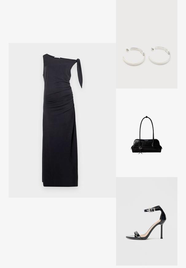 Sort, en-skulder kjole lavet af blødt stof, med side ruching og en bånddetalje på skulderen. Lang og tætsiddende silhuet.; Sort højhælet sandal i laklæder med ankelrem. Har minimalistisk design, åben tå og spænde med rhinsten-detaljer.; Sort skuldertaske i krokodillelæder med lange stropper og lille sølvlogo-charm på den ene strop.; Sølvfarvede halvcirkelformede creoler med riflet tekstur og trykknapslukning på hvid baggrund.