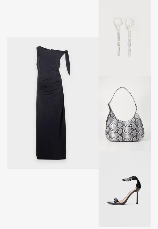 Robe noire asymétrique en tissu doux, avec un froncé sur le côté et un détail à nouer à l'épaule. Silhouette longue et ajustée.; Sandale à talon haut en cuir verni noir avec bride à la cheville. Présente un design minimaliste, un bout ouvert et une boucle ornée de strass.; Sac à épaule en simili cuir noir et blanc avec imprimé serpent, de forme arrondie, texture lisse et bandoulière incurvée. Présente un accent en matériel argenté.; Boucles d'oreilles pendantes en argent avec des cristaux clairs rectangulaires et ronds alignés verticalement, sécurisées par des fermoirs à levier.