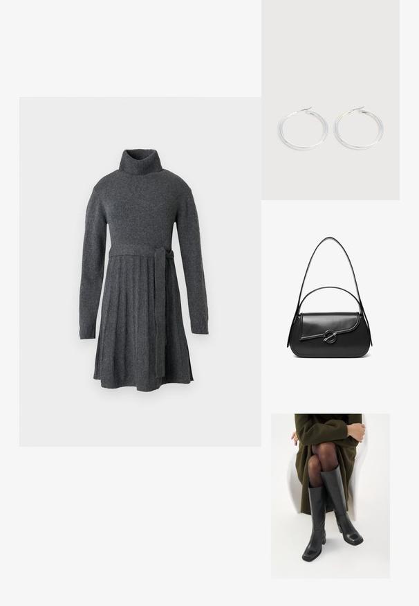 Robe en tricot grise avec un col roulé haut, des manches longues, une taille accentuée avec une ceinture, et des détails de jupe plissée.; Bottes en cuir noires arrivant au genou, avec un bout carré et un talon carré, présentées sur un modèle assis dans un manteau vert olive. Texture lisse, détails minimaux.; Sac à bandoulière en cuir noir avec un rabat incurvé fermé par un fermoir métallique rond et une sangle fine et ajustable.; Paire de boucles d'oreilles créoles argentées brillantes avec fermoirs en fil fin, présentée sur un fond gris clair.