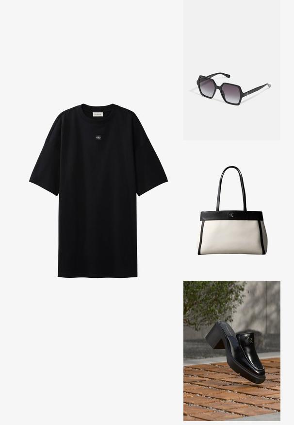 Μαύρο oversize T-shirt με κοντά μανίκια και μικρό ταμπελάκι με το λογότυπο Calvin Klein, τοποθετημένο στο κέντρο κάτω από το ντεκολτέ.; Μαύρο δερμάτινο slip-on mule από Calvin Klein με χοντρό τακούνι που ακουμπά σε ξύλινα πλακάκια σε εξωτερικό χώρο κοντά σε ένα πράσινο φυτό και γκρίζο τοίχο.; Μαύρα εξάγωνα γυαλιά ηλίου με γκρι διαβαθμισμένα φακούς, που διαθέτουν γυαλιστερή επιφάνεια και διακριτική σήμανση στον βραχίονα. Κατασκευή από ανθεκτικό πλαστικό.; Λευκή και μαύρη τσάντα ώμου Calvin Klein με μακριές μαύρες λαβές και λογότυπο CK σε μαύρο περιθώριο κοντά στην κορυφή.