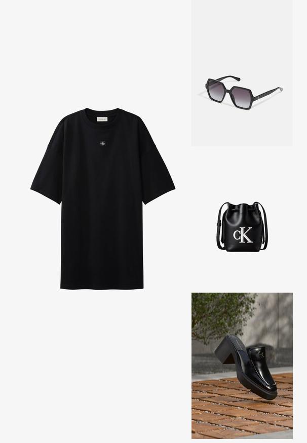T-shirt noir oversize à manches courtes avec petit patch logo Calvin Klein centré sous l'encolure.; Mule slip-on en cuir noir Calvin Klein avec talon bloc reposant sur des carreaux en bois à l'extérieur près d'une plante verte et d'un mur gris.; Lunettes de soleil hexagonales noires avec des verres dégradés, dotées d'une finition brillante et d'un marquage subtil sur la branche. Construction en plastique durable.; Sac seau en cuir noir avec cordon de serrage en haut et logo blanc "cK" sur le devant, doté d’une bandoulière réglable.