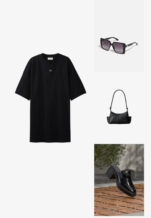 T-shirt noir oversize à manches courtes avec petit patch logo Calvin Klein centré sous l'encolure.; Mule slip-on en cuir noir Calvin Klein avec talon bloc reposant sur des carreaux en bois à l'extérieur près d'une plante verte et d'un mur gris.; Lunettes de soleil noires carrées avec des verres gris dégradés. Montures brillantes avec des lignes épurées. Accent logo argenté sur les branches.; Sac à bandoulière en cuir noir avec une longue sangle, des poches latérales et le logo Calvin Klein embossé sur le devant.