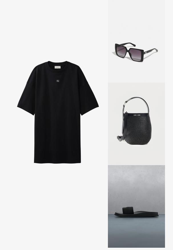 T-shirt noir oversize à manches courtes avec petit patch logo Calvin Klein centré sous l'encolure.; Sandale slide noire Calvin Klein avec large bride, présentée au-dessus d'un sol en bois texturé et de galets, fond extérieur flou.; Lunettes de soleil noires carrées avec des verres gris dégradés. Montures brillantes avec des lignes épurées. Accent logo argenté sur les branches.; Sac à main tissé noir avec base arrondie, garniture en cuir, bandoulière réglable et logo de la marque Samsøe Samsøe sur la bande supérieure.
