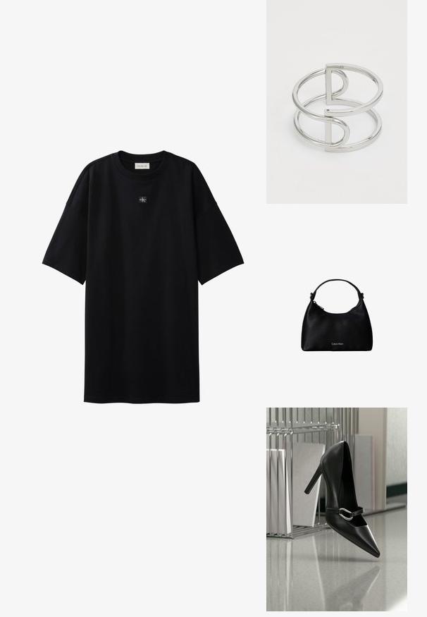 T-shirt noir oversize à manches courtes avec petit patch logo Calvin Klein centré sous l'encolure.; Chaussure à talon haut noire pointue avec une bride à boucle argentée, placée sur une surface réfléchissante près d’un organiseur métallique contenant des papiers.; Sac à main en cuir noir texturé avec une seule bandoulière et un logo Calvin Klein argenté sur le devant, fermeture éclair sur le côté.; Bracelet en métal argenté avec un design à double boucle, fini lisse et brillant, et un accent géométrique minimaliste.