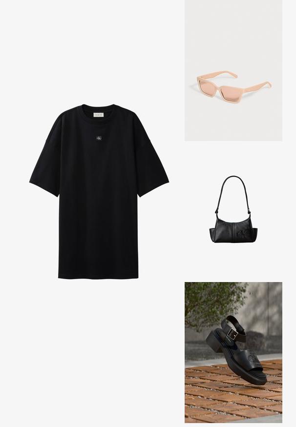 Μαύρο oversize T-shirt με κοντά μανίκια και μικρό ταμπελάκι με το λογότυπο Calvin Klein, τοποθετημένο στο κέντρο κάτω από το ντεκολτέ.; Μαύρο δερμάτινο σανδάλι Calvin Klein με λουράκι στον αστράγαλο και αγκράφα να αιωρείται πάνω από ξύλινο και πέτρινο πλακάκι σε εξωτερικό χώρο.; Ορθογώνια γυαλιά ηλίου ανοιχτού ροδακινί χρώματος με χοντρές σκελετούς και ταιριαστά σκουρόχρωμα φακούς σε απλό, φωτεινό φόντο.; Μαύρη δερμάτινη τσάντα ώμου με μακρύ λουράκι, πλαϊνές θήκες και ανάγλυφο λογότυπο Calvin Klein στο μπροστινό μέρος.