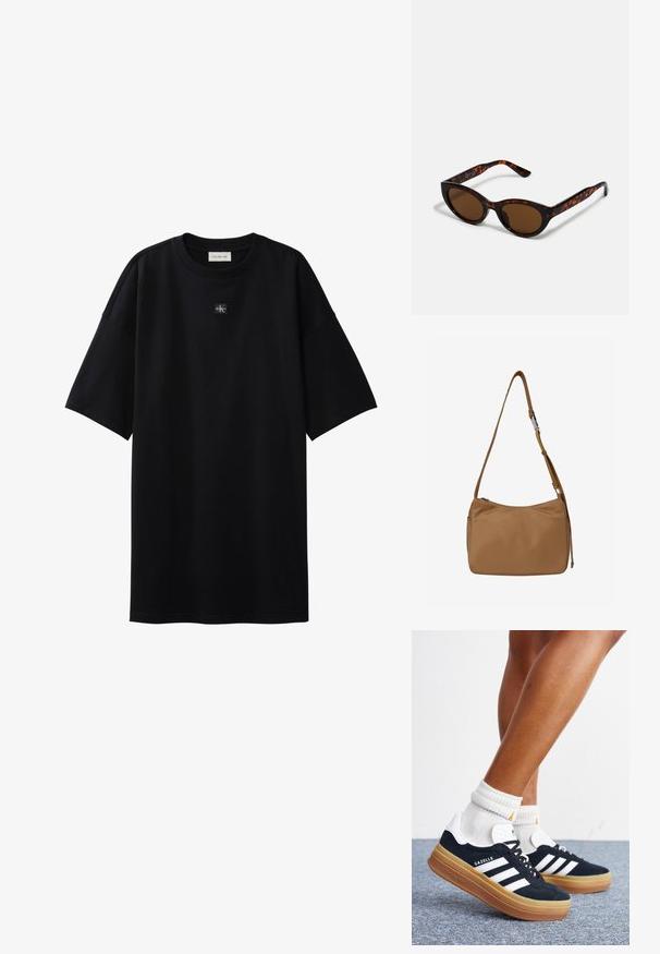 Μαύρο oversize T-shirt με κοντά μανίκια και μικρό ταμπελάκι με το λογότυπο Calvin Klein, τοποθετημένο στο κέντρο κάτω από το ντεκολτέ.; Πόδια με λευκές κάλτσες και μαύρα αθλητικά παπούτσια Adidas Gazelle με λευκές ρίγες και χοντρές καφέ σόλες σε γκρι χαλί.; Καφέ γυαλιά ηλίου σε σχήμα vintage cat-eye με καφέ φακούς. Διαθέτουν καμπύλες κροταφίδες με κόκκινες λεπτομέρειες.; Τσάντα χειρός από δέρμα χρώματος ταμπά με λεία υφή, ρυθμιζόμενο λουράκι ώμου και κλείσιμο με φερμουάρ στην πάνω πλευρά. Διαθέτει μινιμαλιστικό σχεδιασμό και διακριτικές ραφές.