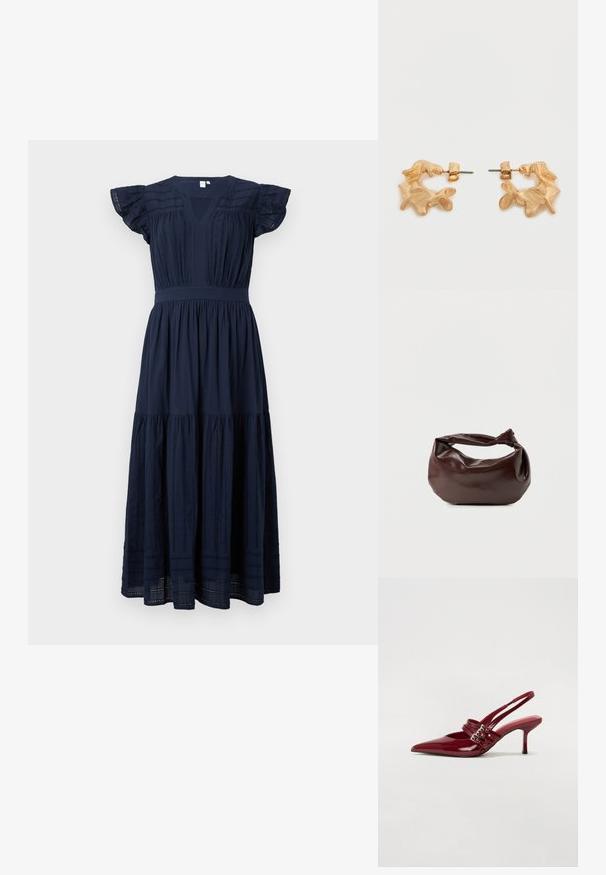 Vestido midi azul marino con escote en V, mangas cortas con volantes y detalles de encaje vertical en el cuerpo y los paneles de la falda.; Zapatos de tacón tipo slingback en charol rojo con punta afilada, dos correas con hebilla y un tacón de stiletto delgado y de altura media. Textura suave.; Bolso de hombro de cuero marrón oscuro con una forma suave y caída, y un asa con nudo torcido sobre un fondo blanco liso.; Pendientes de tono dorado con una forma abstracta y orgánica, que presentan una superficie texturizada y un cierre de poste trasero.
