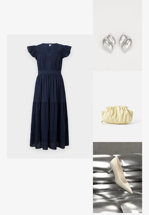 Marineblaue Midi-Kleid mit V-Ausschnitt, gerafften kurzen Ärmeln und vertikalen Spitzenakzenten auf dem Oberteil und den Rockpaneelen.; Spitzer Damenpumps mit hohem Stilettoabsatz aus glänzend weißem Material. Das Design verfügt über einen schwarzen Akzent am Absatz und eine glatte Oberfläche.; Gelbe, gefaltete Handtasche aus glattem Kunstleder mit weicher Form, einzigem Schulterriemen und gerafftem Oberteil.; Silberne Ohrringe mit einer organischen, abstrakten Form. Glatte, glänzende Oberfläche mit einem konischen Design. Mit dezenten Kurven und einem zentralen Linienelement.