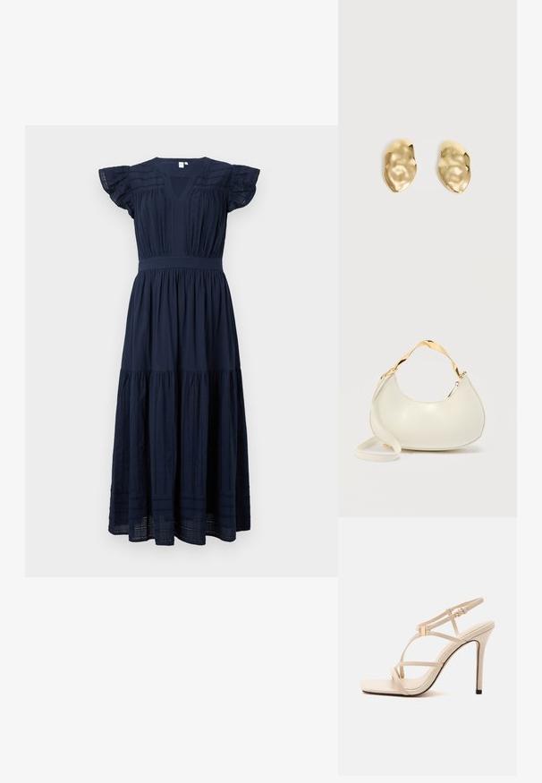 Vestido midi azul marino con escote en V, mangas cortas con volantes y detalles de encaje vertical en el cuerpo y los paneles de la falda.; Sandalia de tacón alto beige con tiras finas, puntera cuadrada, cierre de hebilla y tacón de aguja sobre fondo blanco.; Bolso en forma de media luna de color crema con asa corta brillante dorada y correa larga a juego sobre un fondo liso y claro.; Par de pendientes de metal dorado brillante, con forma irregular y superficie arrugada y lisa sobre un fondo claro y sencillo.