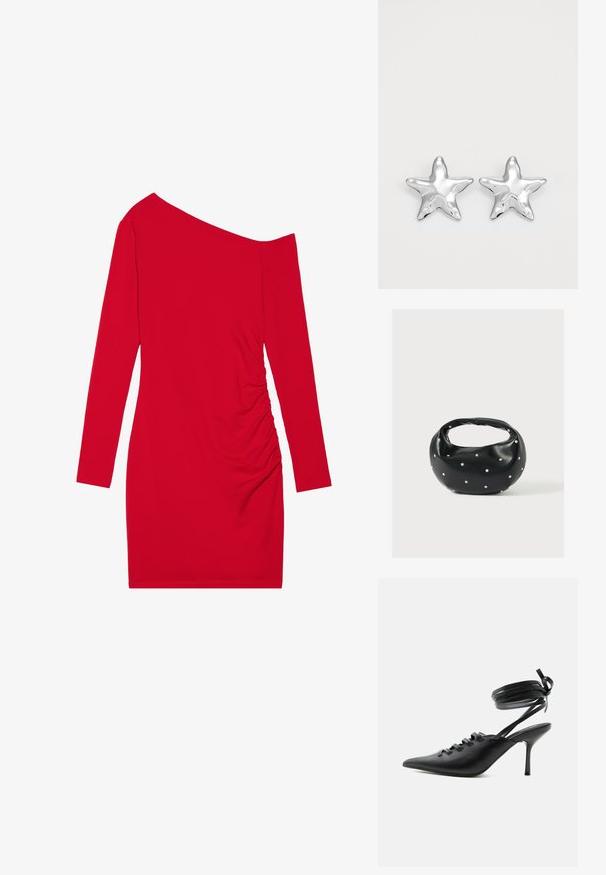 Vestido rojo de manga larga con escote asimétrico, textura fruncida en un lado y silueta ajustada. Está hecho de un tejido elástico.; Zapato de tacón alto negro con punta puntiaguda, con cordones en la parte delantera y correas que rodean el tobillo atadas con un lazo, mostrado de lado sobre un fondo blanco.; Bolso de mano de cuero negro con forma redondeada, decorado con detalles de tachuelas plateadas y un asa corta. Textura lisa y cierre con cremallera.; Pendientes en forma de estrella plateada con una superficie pulida y brillante. Cada pendiente presenta cinco puntas y sutiles detalles de textura en la superficie.