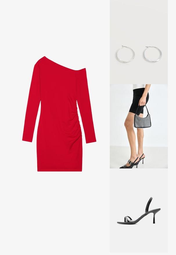 Vestido rojo de manga larga con escote asimétrico, textura fruncida en un lado y silueta ajustada. Está hecho de un tejido elástico.; Sandalia negra de tacón alto con finas tiras en los dedos y el tobillo, acabado brillante y tacón de aguja delgado.; Bolso de cuentas negras con una silueta curva, asa de transporte y textura brillante. Llevado con zapatos de tacón altos negros y pantalones cortos negros ajustados.; Pendientes de aro de metal plateado con superficie lisa y ligeramente curvada y cierre de tipo mosquetón sobre un fondo blanco liso.