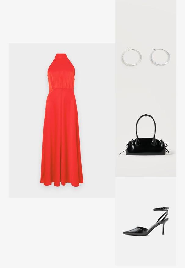 Vestido rojo con cuello halter, con un torso ajustado y falda fluida. Tejido suave con un ligero brillo, que presenta una cintura ceñida y un diseño hasta los tobillos.; Zapato de tacón alto negro de punta fina con delgadas correas en el tobillo y cierre de hebilla plateada sobre un fondo liso claro.; Pequeño bolso negro brillante con dos asas largas y detalles de cordón lateral sobre un fondo claro liso.; Pendientes de aro de metal plateado con superficie lisa y ligeramente curvada y cierre de tipo mosquetón sobre un fondo blanco liso.