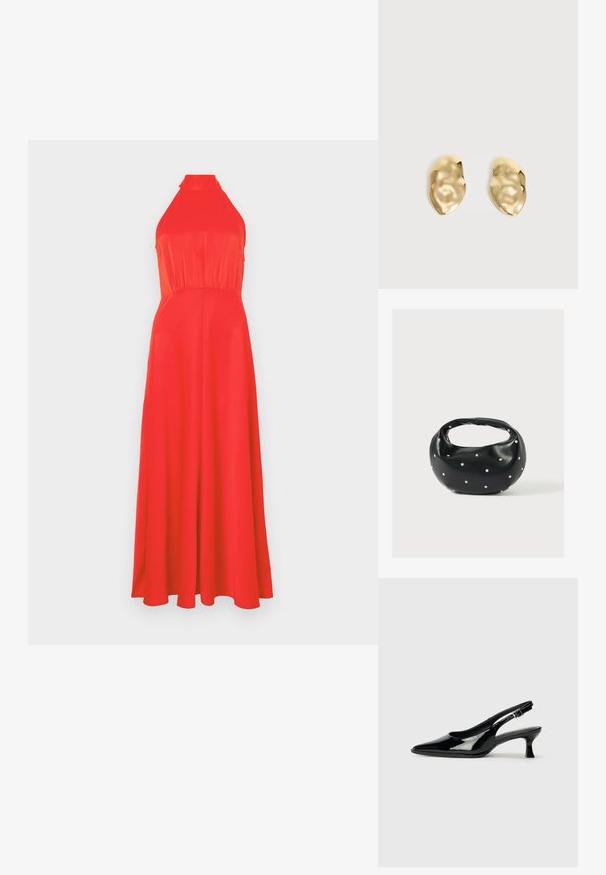 Vestido rojo con cuello halter, con un torso ajustado y falda fluida. Tejido suave con un ligero brillo, que presenta una cintura ceñida y un diseño hasta los tobillos.; Zapatos de charol negro tipo slingback con punta afilada y tacón bajo. Correa ajustable con hebilla en el tobillo.; Bolso de mano de cuero negro con forma redondeada, decorado con detalles de tachuelas plateadas y un asa corta. Textura lisa y cierre con cremallera.; Par de pendientes de metal dorado brillante, con forma irregular y superficie arrugada y lisa sobre un fondo claro y sencillo.
