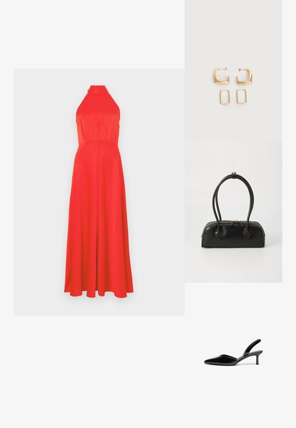 Vestido rojo con cuello halter, con un torso ajustado y falda fluida. Tejido suave con un ligero brillo, que presenta una cintura ceñida y un diseño hasta los tobillos.; Tacones slingback de charol negro con punta afilada, tacón de aguja bajo y un diseño elegante y simple sin adornos.; Bolso de mano de cuero negro con dos asas alargadas, cierre de cremallera y forma redondeada; textura suave con un acabado ligeramente brillante.; Dos pares de pendientes de aro geométricos en tono dorado sobre una superficie blanca lisa, un par cuadrados y sólidos, un par rectangulares y huecos.