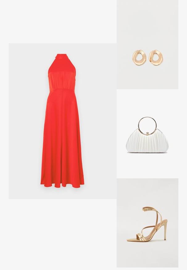 Robe rouge à encolure halter avec un buste ajusté et une jupe fluide. Tissu lisse avec un léger éclat, présentant une taille cintrée et un design longueur cheville.; Even&Odd Sandales - gold; Sac à main plissé blanc avec une poignée circulaire en or, doté d'un tissu doux et d'une forme arrondie. Design élégant avec une finition texturée.; Paired boucles d'oreilles en métal doré poli de forme irrégulière avec un centre ouvert sur un fond blanc uni.