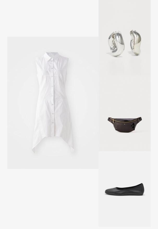 Hvid ærmeløs kjole med kraveudskæring, frontlukning med knapper, to brystlommer og en asymmetrisk kant. Lavet af vævet stof.; Sort læderballetsko med rund tå, glat tekstur, minimal syning og et fleksibelt såldesign.; Sort, blank, læder bæltetaske med et buet design, guld lynlås accent, justerbar strop og små dekorative hardware.; Sølvskulpturelle øreringe med glatte, buede former og reflekterende overflader. Har et lukket hoop-design og en markant organisk form.