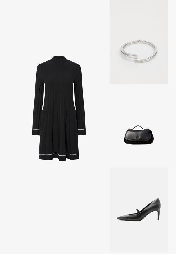 Robe en maille côtelée noire à manches longues avec col montant et détails en blanc sur les poignets et l'ourlet.; Escarpin noir en cuir à bout pointu avec une fine bride et une boucle sur le cou-de-pied, posé sur un fond clair neutre.; Sac à main en cuir noir avec une petite poignée, logo "cK" doré sur le rabat avant, et accessoires dorés.; Calvin Klein SPIRAL - Bracelet - silver-coloured