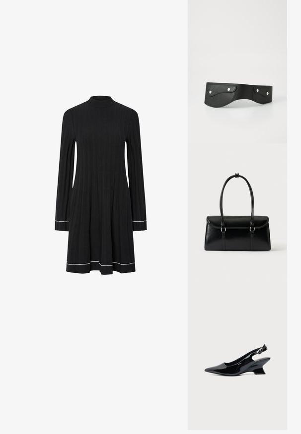 Sort ribbet striklangærmet kjole med høj hals og hvide kantdetaljer på ærmer og kant.; Sort laklæder slingback sko med spids tå og lav vinklet blokhæl på ensartet lys baggrund.; Sort rektangulær læderhåndtaske med klaplukning og to lange håndtag mod en ensfarvet hvid baggrund.; Sort læderbælte med to runde lommer, sikret med sølvtrykknapper. Glat tekstur, let buet design.