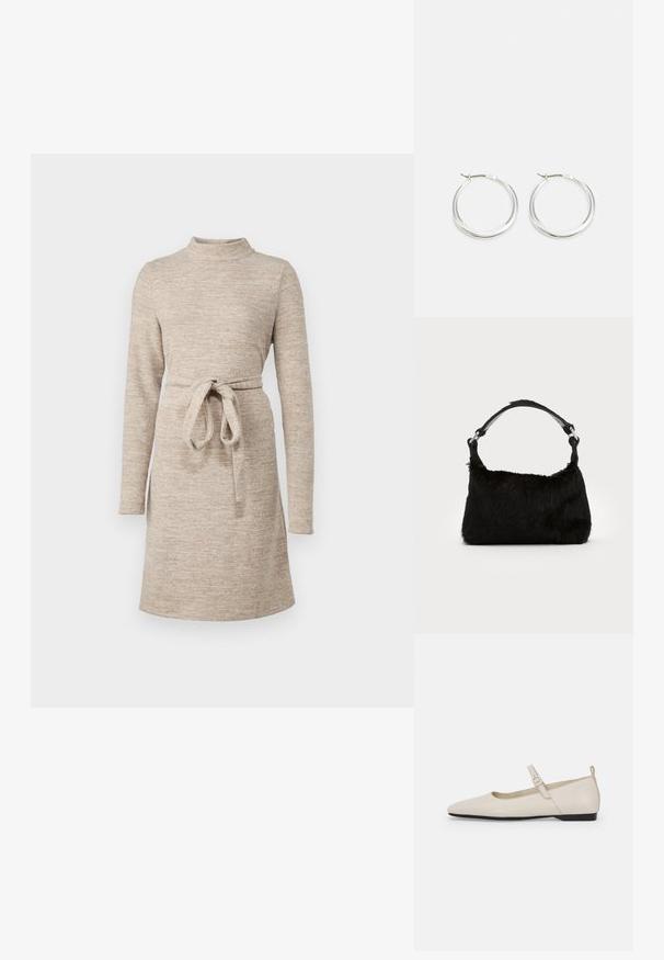 Robe en tricot beige avec un col montant, des manches longues et une ceinture en tissu à la taille. Texture douce et coupe évasée, arrivant au genou.; Ballerines en cuir blanc avec bout pointu, bride à la cheville et petit talon noir. Texture lisse avec des accents minimaux.; Sac à main en fausse fourrure noire avec une texture douce, une forme arrondie et une bandoulière en cuir noir robuste. Accent en métal argenté visible.; Les boucles d'oreilles en argent en forme de créole présentent un design lisse et arrondi avec un profil fin et un fermoir sécurisé. Style minimaliste avec une finition polie.